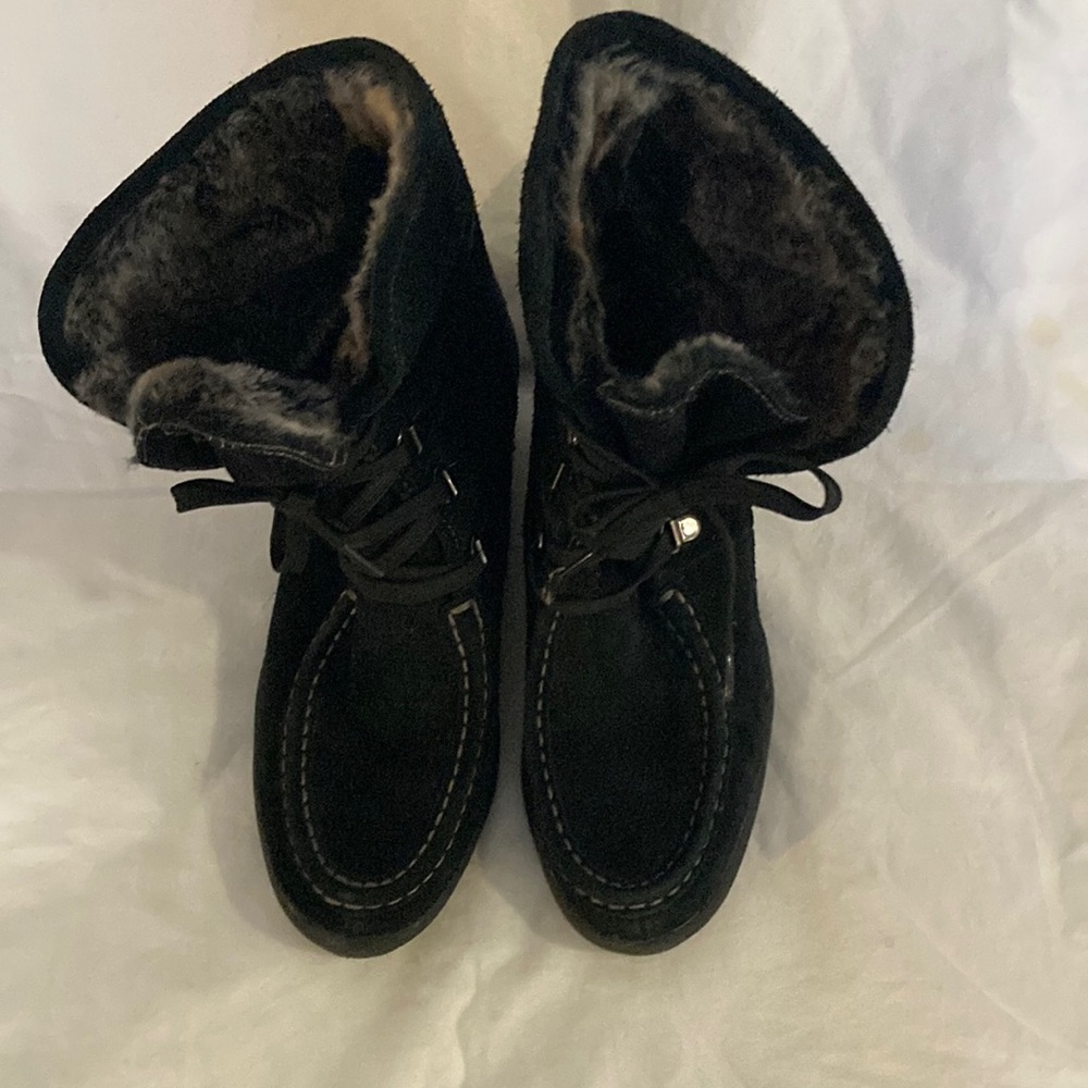 Sporto Luxe Black Wedge Ankle Boots Faux Fur Lining 6.5
